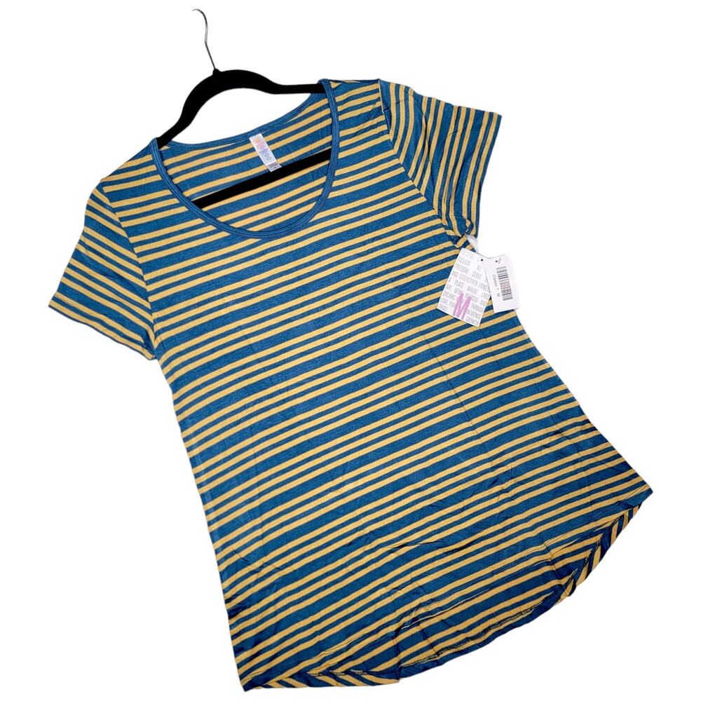LuLaRoe Stripe Classic T Medium Blue Yellow Ribbed Women's Short Sleeve Tee Top